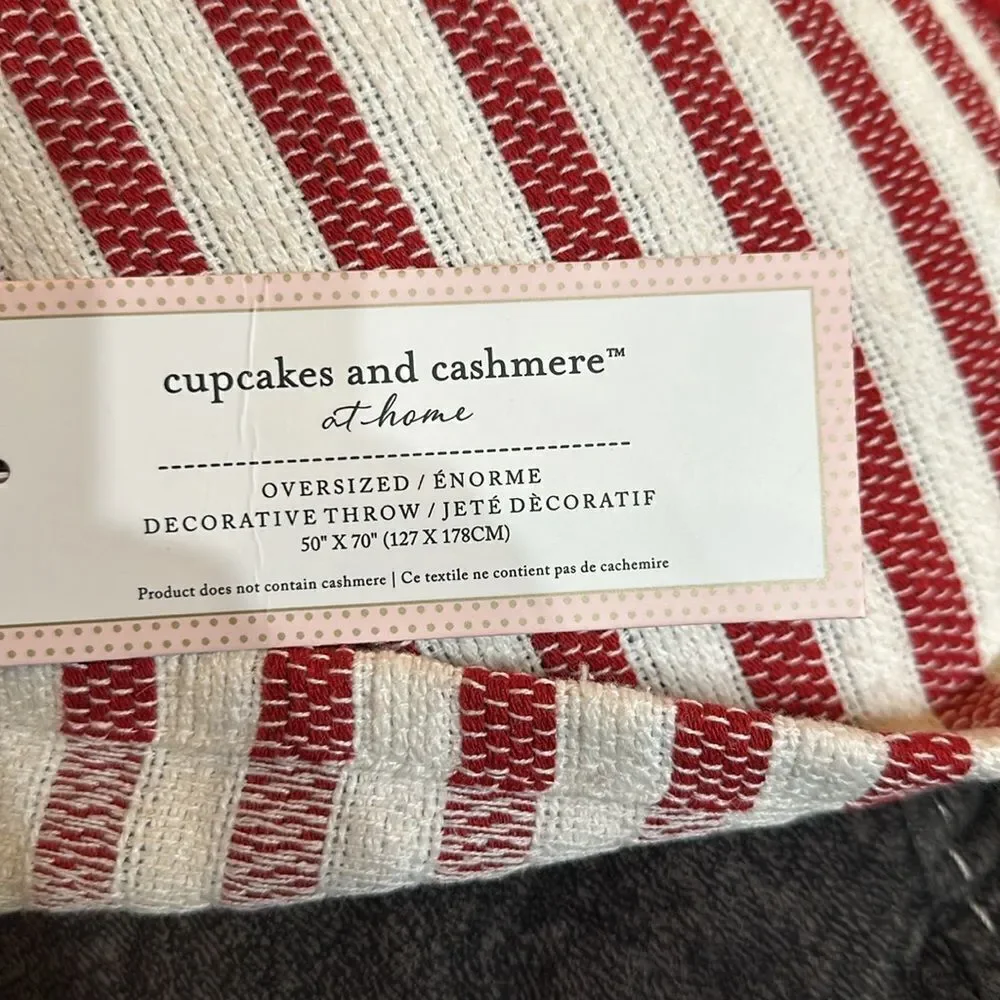cupcakes and cashmere White Red Tufted Hearts Striped Tasseled Throw